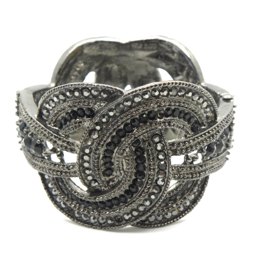 Chunky Hinged Bangle Bracelet Dark Gray Faux Marcasite Art Deco Gothic Revival